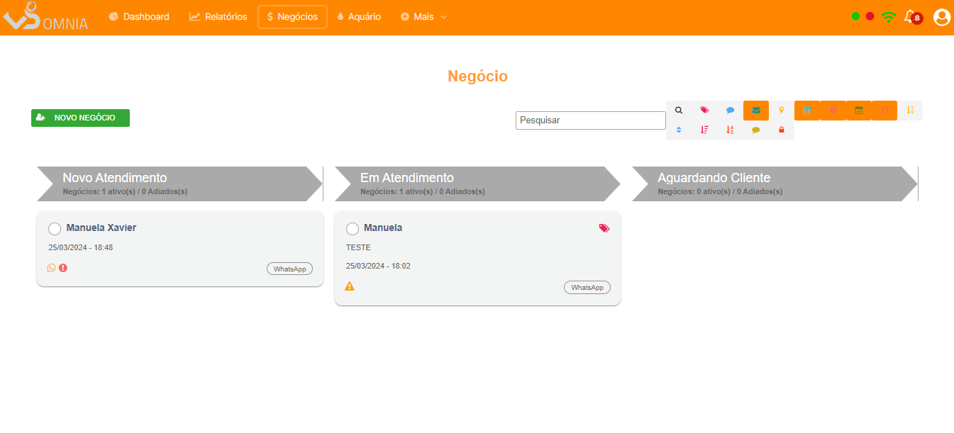 Tela de negócios do sistema VSOmnia