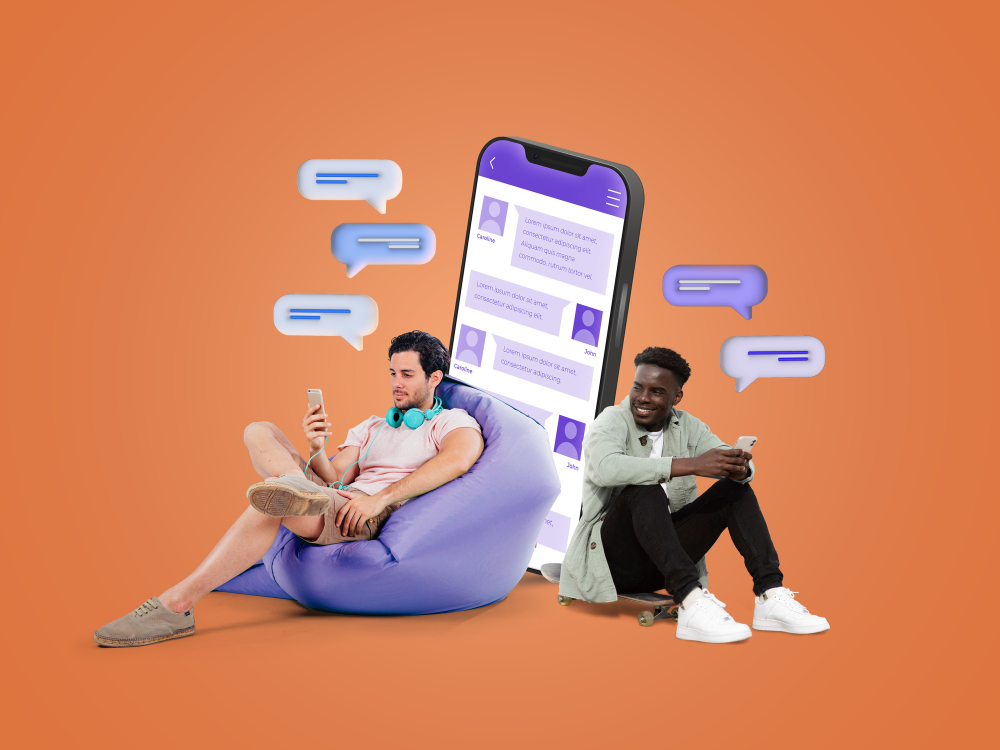 Dois clientes sentados. Ambos estão conversando no celular, o fundo da imagem é laranja, tem um celular simulando a conversa que estão tendo, onde a satisfação do cliente é alta.